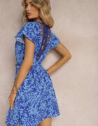 melya by melody Rochie Albastru-Bleumarin cu Decolteu cu Plasă cu Mânecă Scurtă și Cordon din Material Mleasa