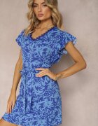 melya by melody Rochie Albastru-Bleumarin cu Decolteu cu Plasă cu Mânecă Scurtă și Cordon din Material Mleasa