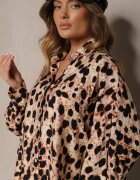 melya by melody Rochie bej tip cămașă cu imprimeu leopard croială liliac din viscoză cu in Emindara