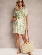 melya by melody Rochie Bej-Verde cu Legare în Talie Decorată cu Imprimeu Abstract Namsalia