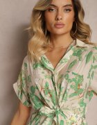 melya by melody Rochie Bej-Verde cu Legare în Talie Decorată cu Imprimeu Abstract Namsalia