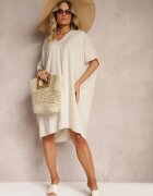 melya by melody Rochie Dreaptă Bej din bumbac cu mânecă scurtă și decolteu triunghiular Vikana