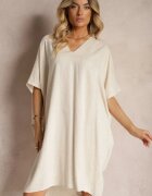 melya by melody Rochie Dreaptă Bej din bumbac cu mânecă scurtă și decolteu triunghiular Vikana