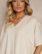melya by melody Rochie Dreaptă Bej din bumbac cu mânecă scurtă și decolteu triunghiular Vikana
