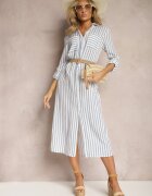 melya by melody Rochie Midi Cămășă Alb-Albastră în dungi cu in și Cordon Împletit Deschis Efordia