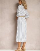 melya by melody Rochie Midi Cămășă Alb-Albastră în dungi cu in și Cordon Împletit Deschis Efordia