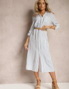 melya by melody Rochie Midi Cămășă Alb-Albastră în dungi cu in și Cordon Împletit Deschis Efordia