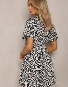 melya by melody Rochie Mini Evazată Negru-Albă din Vâscoză Decorată cu Imprimeu Hipnotizant Aluraisa