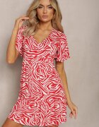 melya by melody Rochie Mini Evazată Roșie din Viscoză Decorată cu Print Hipnotizant Aluraisa