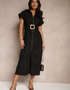 melya by melody Rochie Neagră Tip cămașă din Bumbac cu Mânecă Scurtă cu Centură din Material Celirna