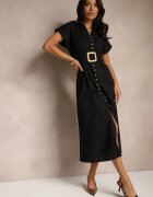 melya by melody Rochie Neagră Tip cămașă din Bumbac cu Mânecă Scurtă cu Centură din Material Celirna