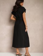 melya by melody Rochie Neagră Tip cămașă din Bumbac cu Mânecă Scurtă cu Centură din Material Celirna