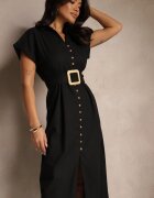 melya by melody Rochie Neagră Tip cămașă din Bumbac cu Mânecă Scurtă cu Centură din Material Celirna