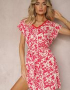melya by melody Rochie roșu-bej cu decolteu din plasă cu mânecă scurtă și curea textilă Mleasa