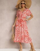 melya by melody Rochie Roșu-Bej de vară cu elastic în talie și cu ciucuri decorativi Aleriana