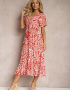 melya by melody Rochie Roșu-Bej de vară cu elastic în talie și cu ciucuri decorativi Aleriana