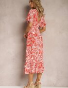 melya by melody Rochie Roșu-Bej de vară cu elastic în talie și cu ciucuri decorativi Aleriana