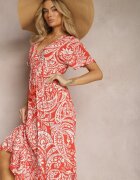 melya by melody Rochie Roșu-Bej de vară cu elastic în talie și cu ciucuri decorativi Aleriana