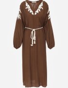 melya by melody Rochie rustică din viscoză decorată cu cordon și broderie Iropis Maro