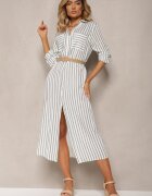melya by melody Rochie Tip cămașă Alb-Verde Midi cu Dungi cu In și Curea Împletită Efordia