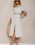 melya by melody Rochie Tip cămașă Alb-Verde Midi cu Dungi cu In și Curea Împletită Efordia