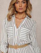 melya by melody Rochie Tip cămașă Alb-Verde Midi cu Dungi cu In și Curea Împletită Efordia