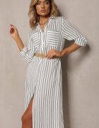 melya by melody Rochie Tip cămașă Alb-Verde Midi cu Dungi cu In și Curea Împletită Efordia