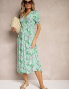 melya by melody Rochie Verde din Vâscoză Midi cu Mâneci Scurte și Decolteu Adânc Emsle