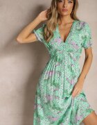 melya by melody Rochie Verde din Vâscoză Midi cu Mâneci Scurte și Decolteu Adânc Emsle