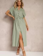 melya by melody Rochie Verde închis din bumbac cu o parte superioară tip cămașă strânsă în talie Viklia