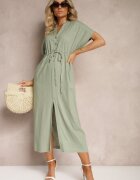 melya by melody Rochie Verde închis din bumbac cu o parte superioară tip cămașă strânsă în talie Viklia