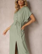 melya by melody Rochie Verde închis din bumbac cu o parte superioară tip cămașă strânsă în talie Viklia
