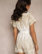 melya by melody Salopetă Albă din Bumbac cu Guler și Curea Decorată cu Broderie Zarinorie