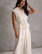 melya by melody Salopetă casual din bumbac și vâscoză cu peplum și guler Eviope Bej
