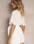 melya by melody Salopetă Învăluită Albă din Bumbac Legată în Talie cu Cordon din Material