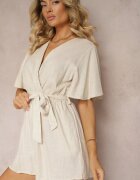 melya by melody Salopetă Petrecută Bej din Bumbac Legată în Talie cu Cordon din Material Vikly