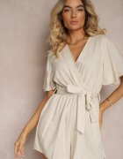 melya by melody Salopetă Petrecută Bej din Bumbac Legată în Talie cu Cordon din Material Vikly