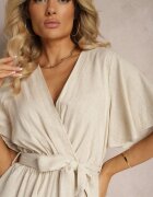 melya by melody Salopetă Petrecută Bej din Bumbac Legată în Talie cu Cordon din Material Vikly