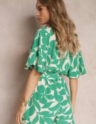 melya by melody Salopetă scurtă verde florală cu decolteu petrecut și cordon legat Amemori