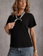melya by melody Tricou Negru din bumbac Hillswor Decorat cu eșarfă