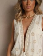 melya by melody Vestă Bej cu Vâscoză și In cu Imprimeu Etno Decorată cu Broderie Fenarlin