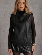 melya by melody Vestă casual din imitație de piele cu guler și șnur în talie Luciella Neagră
