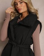 melya by melody Vestă Neagră cu croială lungă legată în talie cu guler Umesine