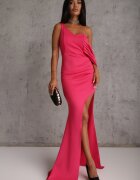 messaya Rochie Asimetrică Fucsia de Cocktail cu Șliț și Drapaje Kremelia