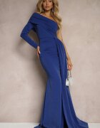 messaya Rochie Bleumarin De seară Asimetrică Pe un umăr Cu trenă și fir metalic Emivonia