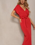 messaya Rochie Cocktail Roșie cu decolteu triunghiular și curea din material cu fentă Wilni