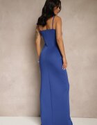 messaya Rochie de Cocktail Albastră Decorată Cu Drapaj și Cu Fentă pe Picior Liosilia