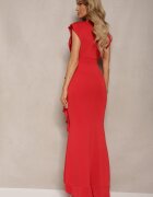 messaya Rochie Eleganta Lunga Rosie cu Croiala Asimetrica si Decolteu in V cu Volan Efimea