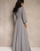 messaya Rochie Gri de Cocktail cu Fentă Decorativă pe Picior Erullia