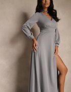 messaya Rochie Gri de Cocktail cu Fentă Decorativă pe Picior Erullia